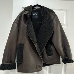 Brown Zara faux leather jacket. Size xxs. Pretty big for the size